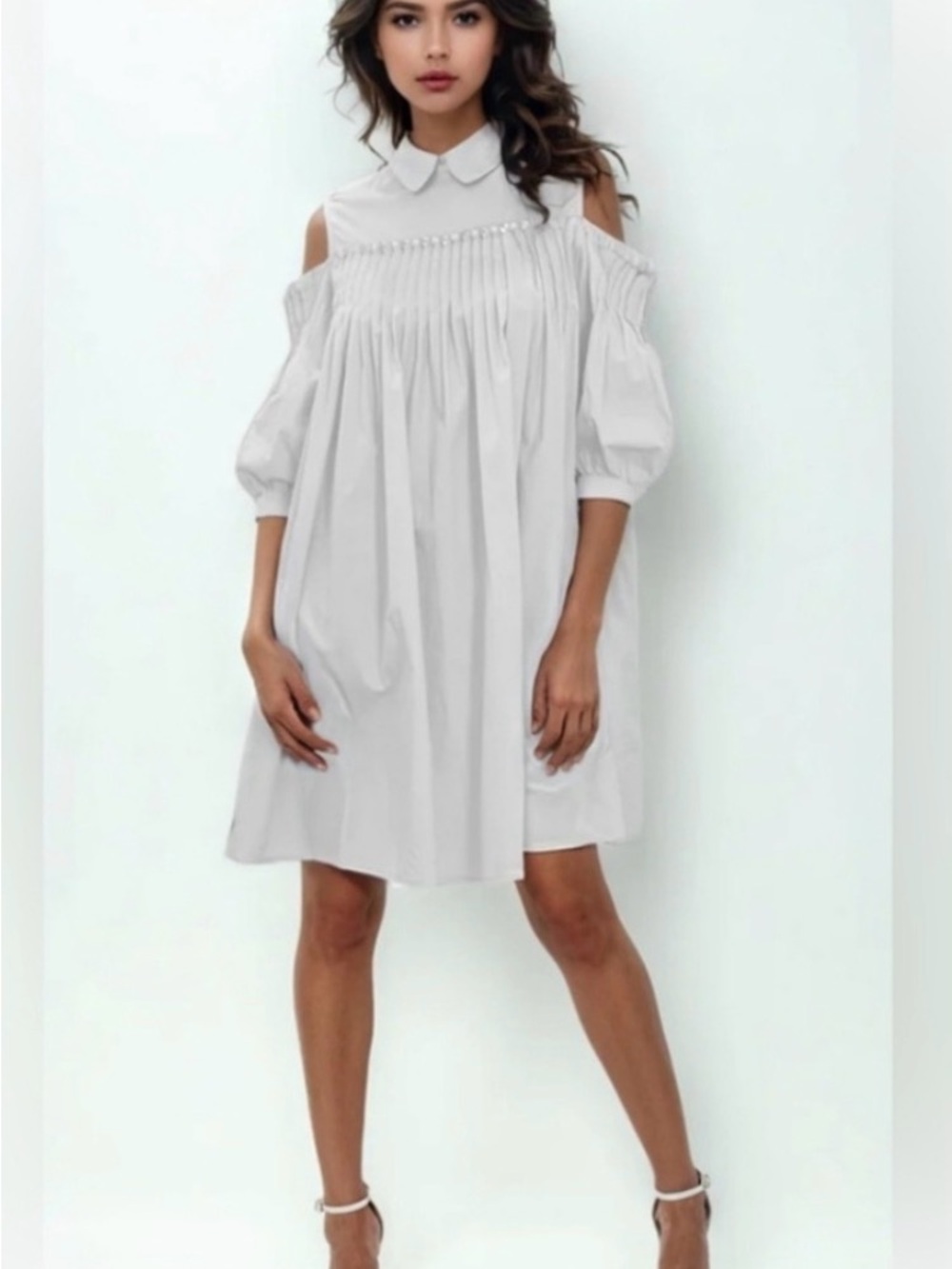Cold-Shoulder White Pleated Mini Shirt Dress
